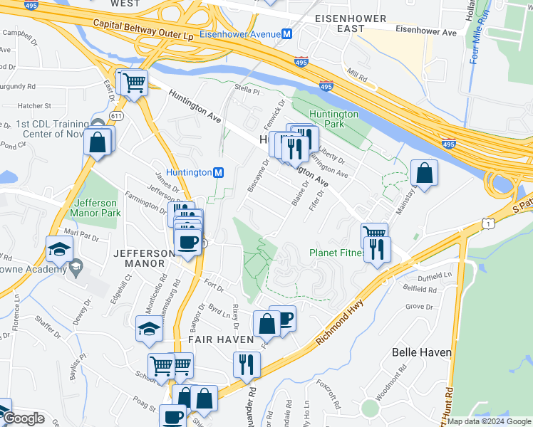 map of restaurants, bars, coffee shops, grocery stores, and more near 2319 Riverview Terrace in Alexandria