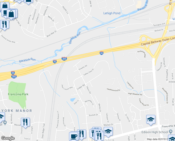 map of restaurants, bars, coffee shops, grocery stores, and more near 5822 Valley View Drive in Alexandria