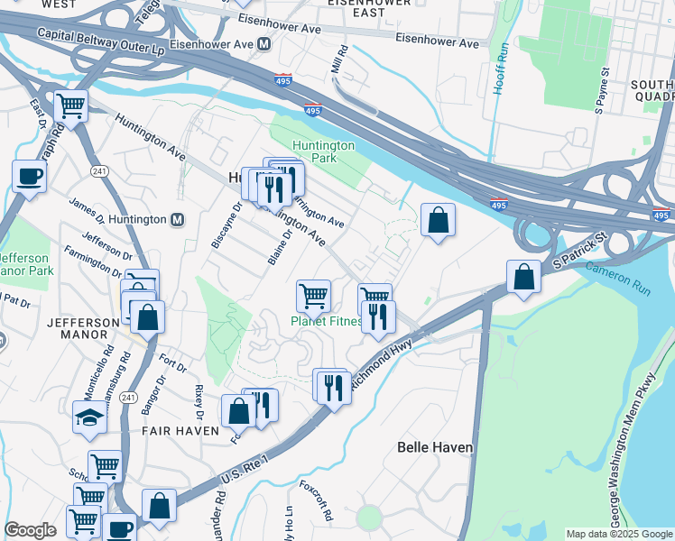map of restaurants, bars, coffee shops, grocery stores, and more near 2109 Huntington Avenue in Alexandria