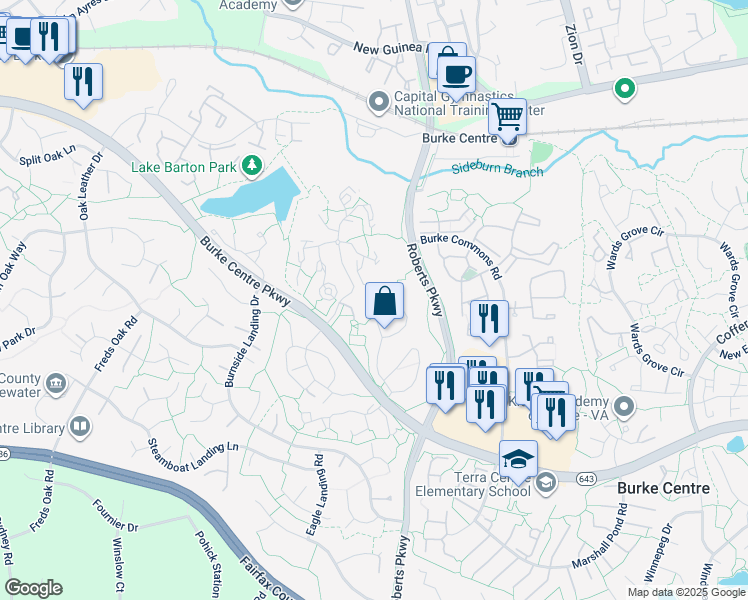 map of restaurants, bars, coffee shops, grocery stores, and more near 5872 First Landing Way in Burke