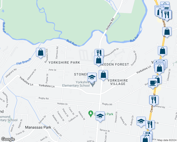 map of restaurants, bars, coffee shops, grocery stores, and more near 7515 Bosbury Court in Manassas