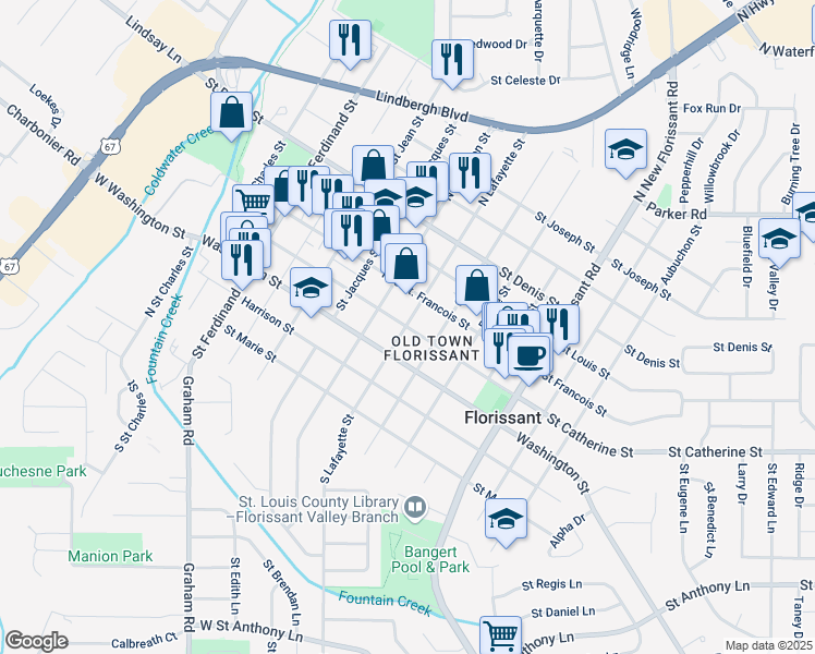 map of restaurants, bars, coffee shops, grocery stores, and more near 704 Saint Catherine Street in Florissant
