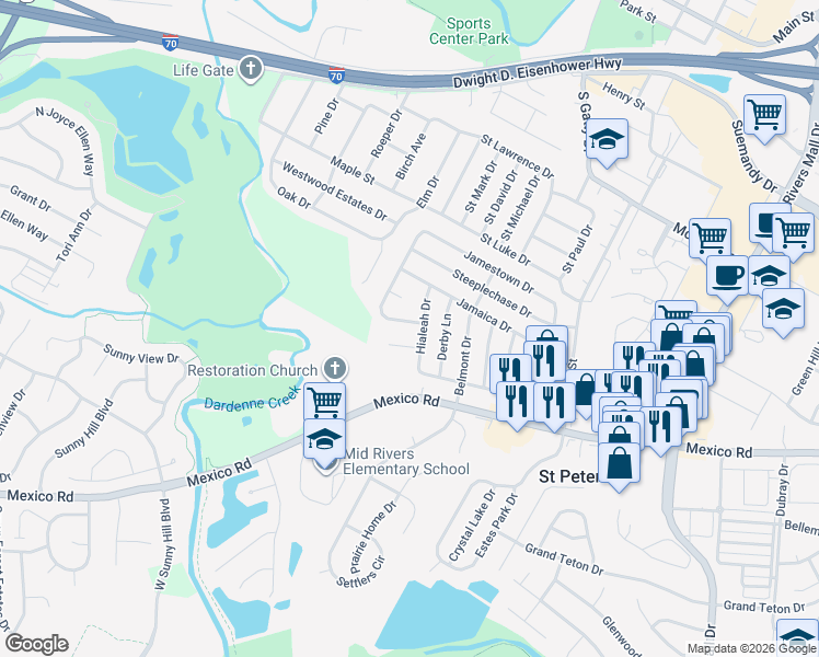 map of restaurants, bars, coffee shops, grocery stores, and more near 2 Santa Anita Court in St. Peters