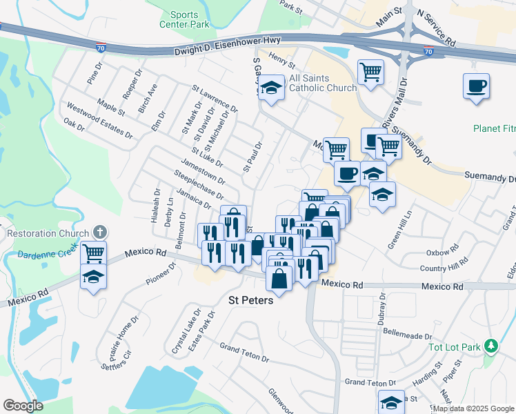 map of restaurants, bars, coffee shops, grocery stores, and more near 406 South Church Street in St. Peters