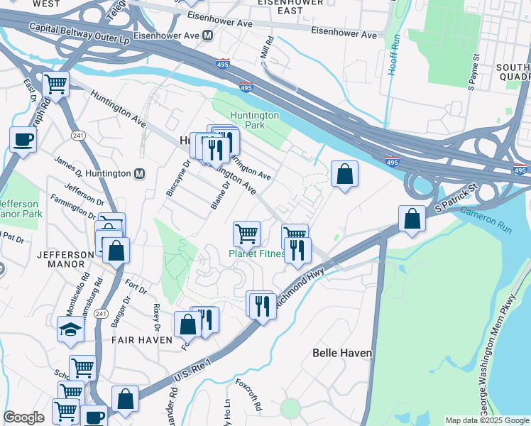 map of restaurants, bars, coffee shops, grocery stores, and more near 2109 Huntington Avenue in Alexandria