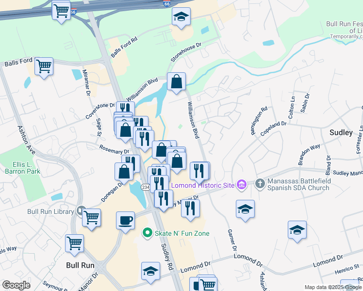 map of restaurants, bars, coffee shops, grocery stores, and more near 7586 Duneiden Lane in Manassas