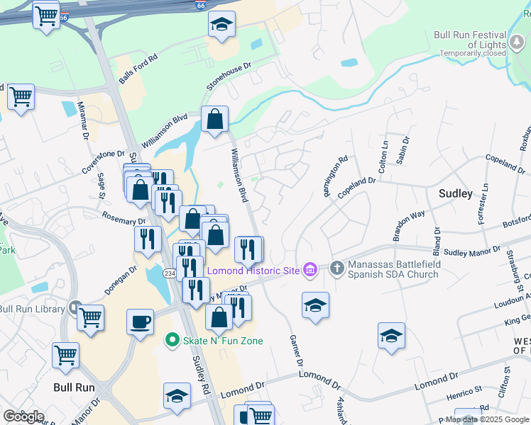 map of restaurants, bars, coffee shops, grocery stores, and more near 10401 Paradise Court in Manassas