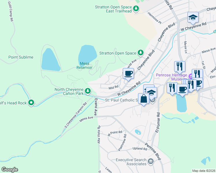 map of restaurants, bars, coffee shops, grocery stores, and more near 2004 Oak Way in Colorado Springs