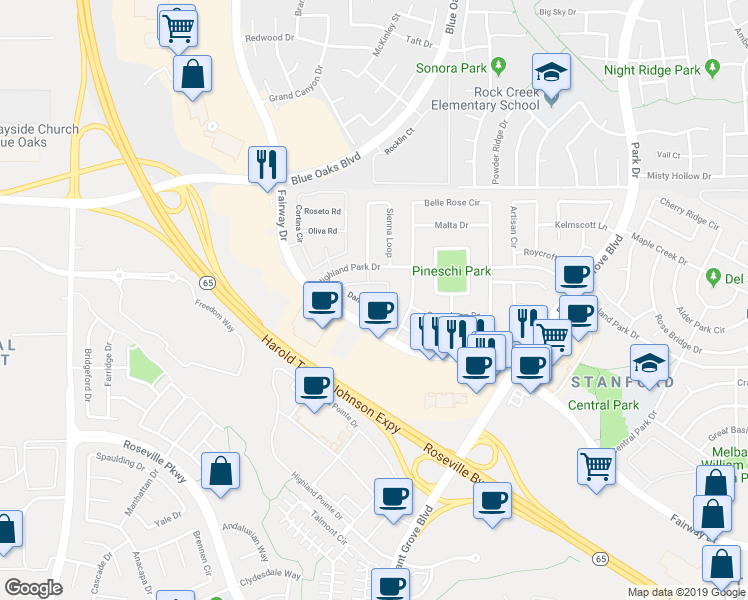 map of restaurants, bars, coffee shops, grocery stores, and more near 1303 Dante Circle in Roseville