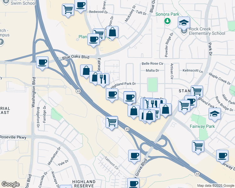 map of restaurants, bars, coffee shops, grocery stores, and more near 606 Dante Circle in Roseville