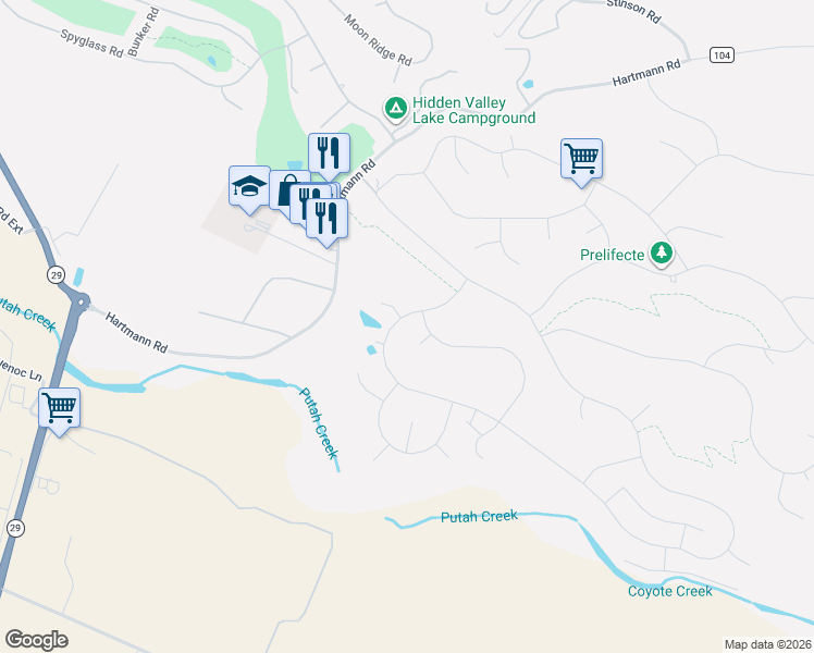 map of restaurants, bars, coffee shops, grocery stores, and more near 19354 Mountain Meadow South in Hidden Valley Lake