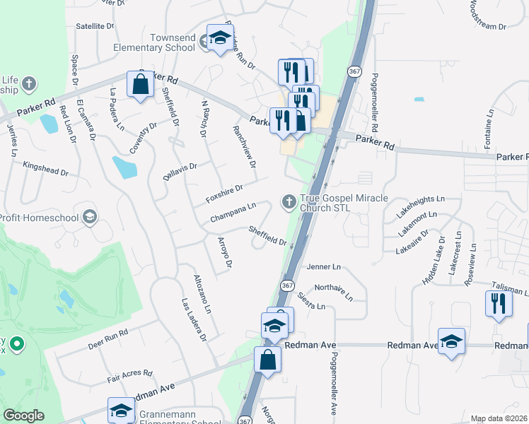 map of restaurants, bars, coffee shops, grocery stores, and more near 11738 Vizcuya Court in Florissant