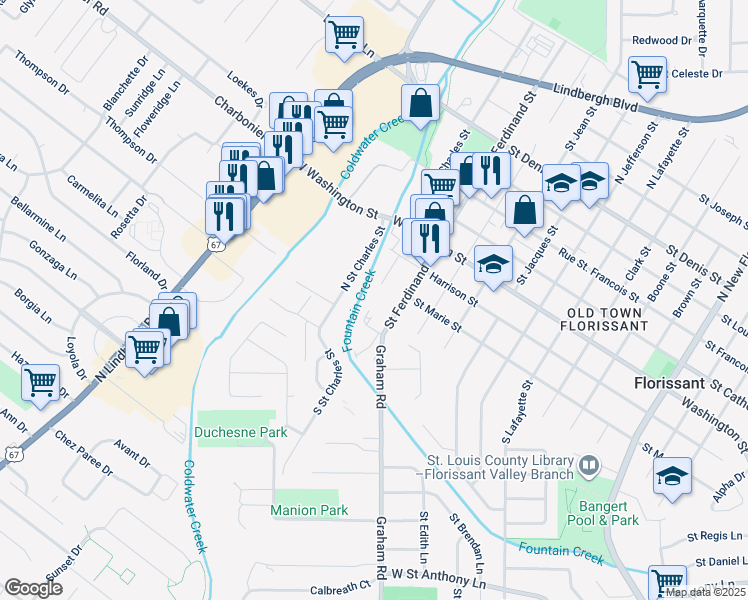 map of restaurants, bars, coffee shops, grocery stores, and more near 105 Reeb Lane in Florissant