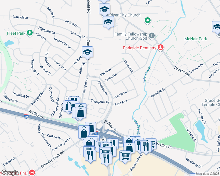 map of restaurants, bars, coffee shops, grocery stores, and more near 151 Pinedale Drive in Saint Charles