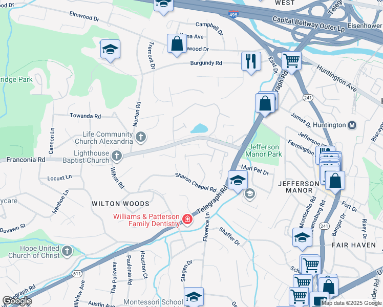 map of restaurants, bars, coffee shops, grocery stores, and more near 3368 Wilton Crest Court in Alexandria