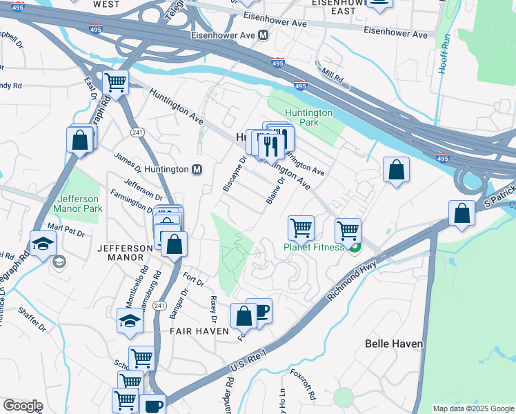 map of restaurants, bars, coffee shops, grocery stores, and more near 2304 Riverview Terrace in Alexandria