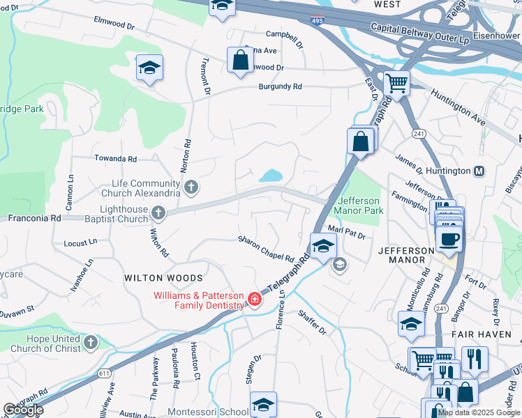 map of restaurants, bars, coffee shops, grocery stores, and more near 3368 Wilton Crest Court in Alexandria