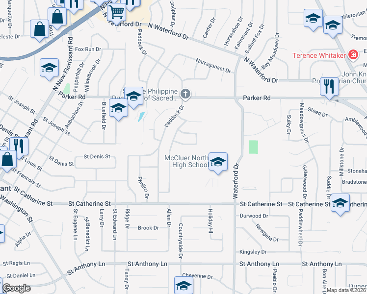 map of restaurants, bars, coffee shops, grocery stores, and more near 2600 Suffolk Place in Florissant