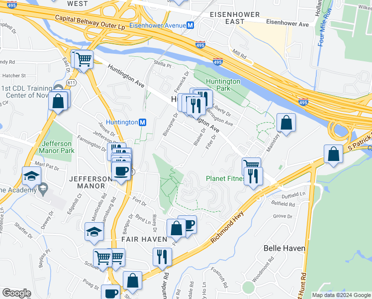 map of restaurants, bars, coffee shops, grocery stores, and more near 2304 Riverview Terrace in Alexandria