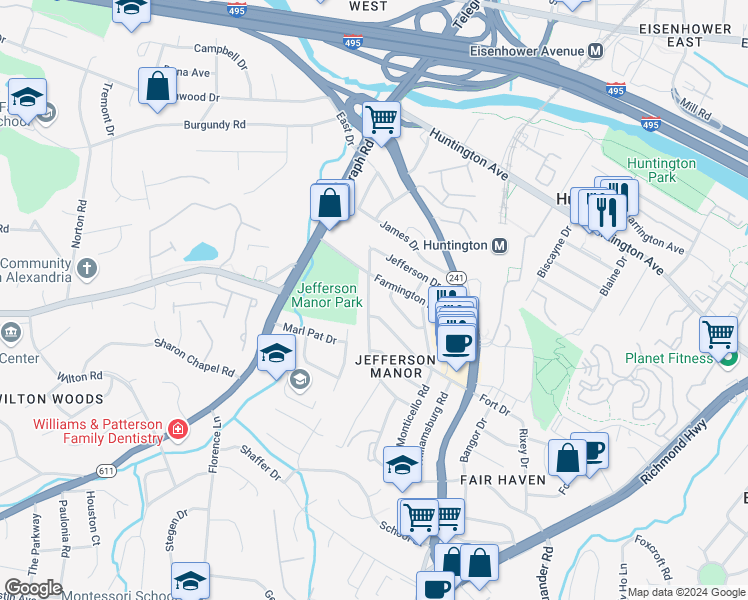 map of restaurants, bars, coffee shops, grocery stores, and more near 5837 Edgehill Drive in Alexandria