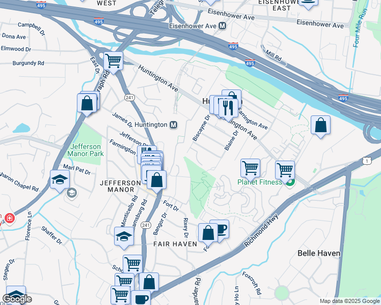 map of restaurants, bars, coffee shops, grocery stores, and more near 5833 Biscayne Drive in Alexandria