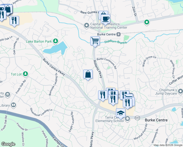 map of restaurants, bars, coffee shops, grocery stores, and more near 5832 1st Landing Way in Burke