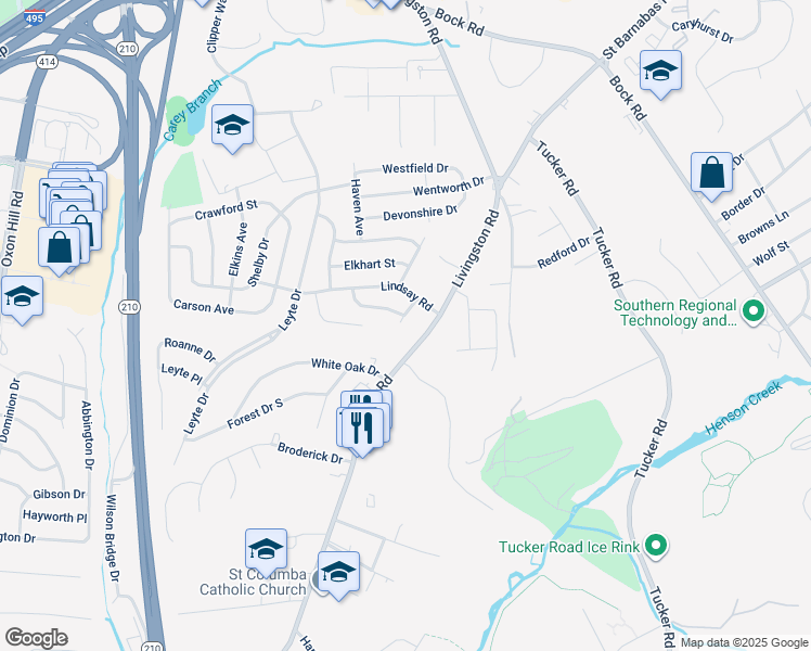 map of restaurants, bars, coffee shops, grocery stores, and more near 7100 Southlawn Drive in Oxon Hill