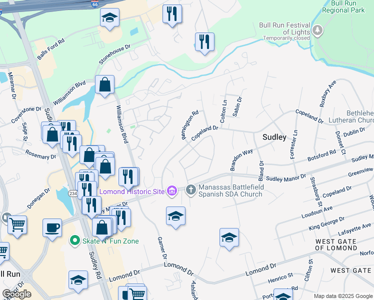 map of restaurants, bars, coffee shops, grocery stores, and more near 7770 Quail Run Lane in Manassas