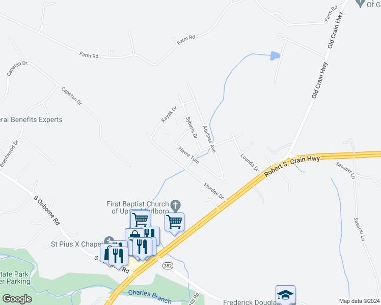 map of restaurants, bars, coffee shops, grocery stores, and more near 7224 Havre Turn in Upper Marlboro