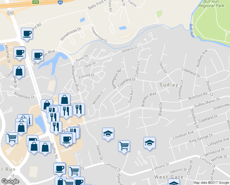 map of restaurants, bars, coffee shops, grocery stores, and more near 7770 Quail Run Lane in Manassas