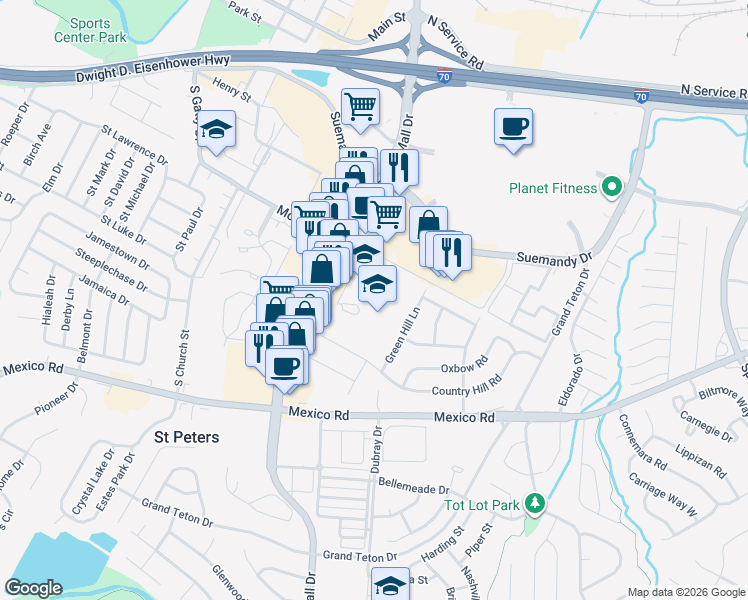 map of restaurants, bars, coffee shops, grocery stores, and more near 460 McMenamy Road in St. Peters