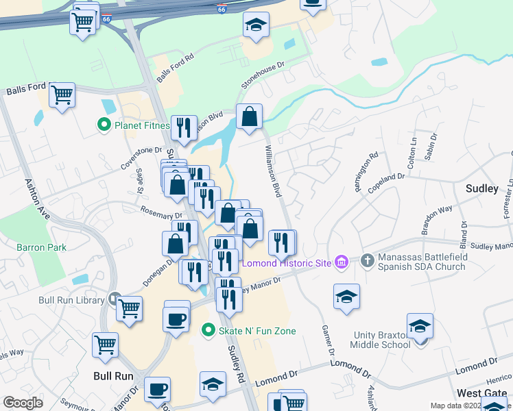 map of restaurants, bars, coffee shops, grocery stores, and more near 7582 Duneiden Lane in Manassas
