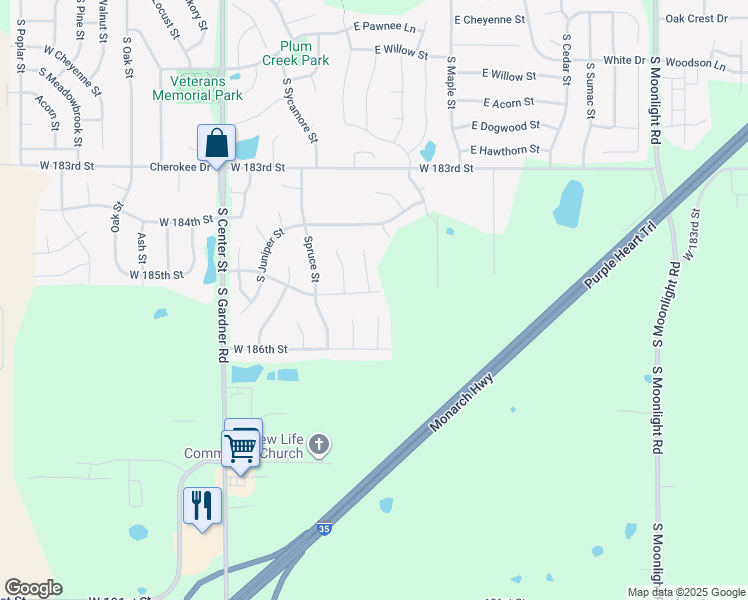 map of restaurants, bars, coffee shops, grocery stores, and more near 18517 South Mulberry Street in Gardner