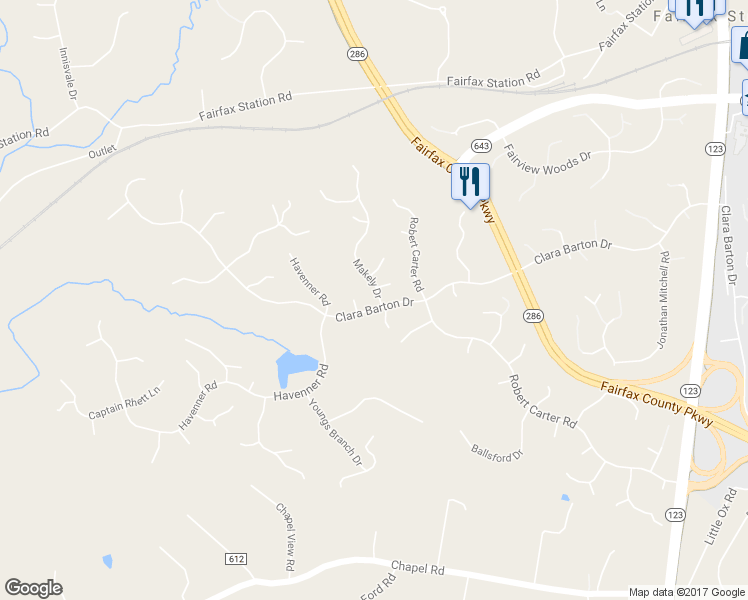 map of restaurants, bars, coffee shops, grocery stores, and more near 6049 Makely Drive in Fairfax Station