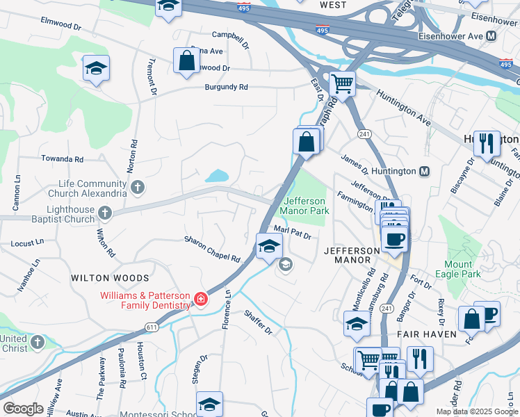map of restaurants, bars, coffee shops, grocery stores, and more near 5839 Governors Hill Drive in Alexandria