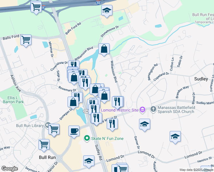 map of restaurants, bars, coffee shops, grocery stores, and more near 7582 Duneiden Lane in Manassas