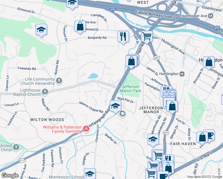 map of restaurants, bars, coffee shops, grocery stores, and more near 5839 Governors Hill Drive in Alexandria