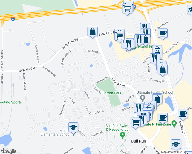 map of restaurants, bars, coffee shops, grocery stores, and more near 7587 Margate Court in Manassas