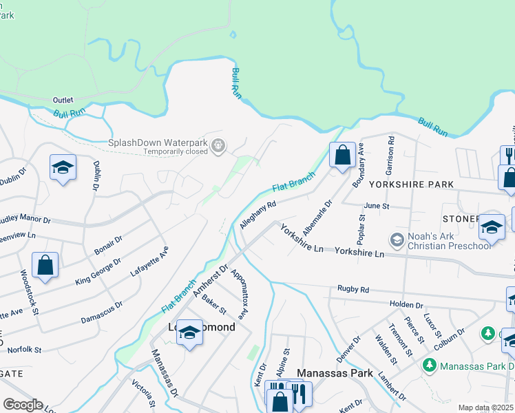 map of restaurants, bars, coffee shops, grocery stores, and more near 7558 Alleghany Road in Manassas