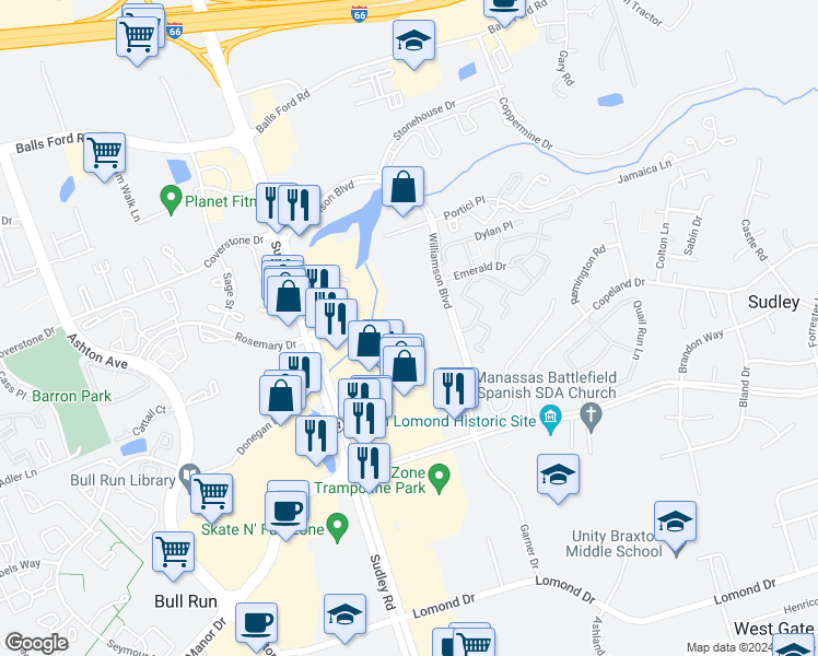 map of restaurants, bars, coffee shops, grocery stores, and more near 7574 Duneiden Lane in Manassas