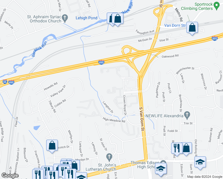 map of restaurants, bars, coffee shops, grocery stores, and more near 5990 Kimberly Anne Way in Alexandria