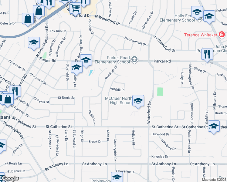 map of restaurants, bars, coffee shops, grocery stores, and more near 2560 Suffolk Place in Florissant