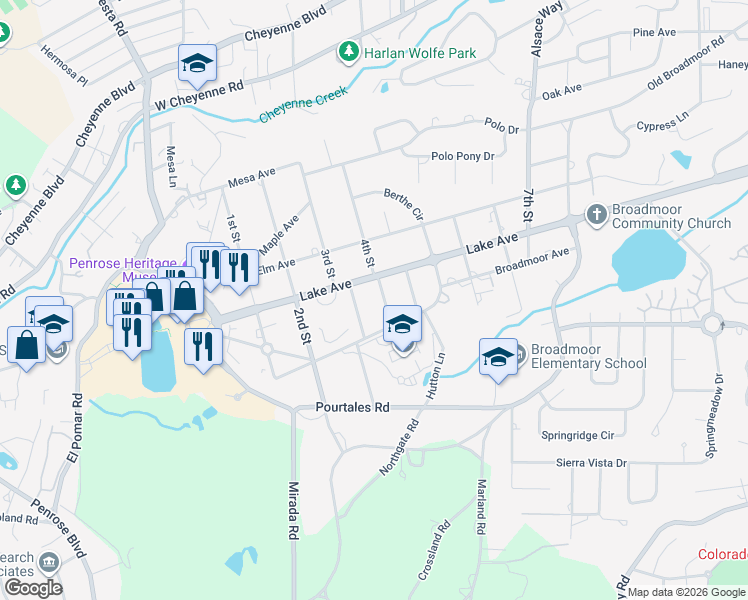 map of restaurants, bars, coffee shops, grocery stores, and more near 31 Briarwood Place in Colorado Springs