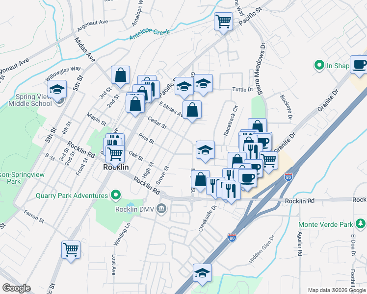 map of restaurants, bars, coffee shops, grocery stores, and more near 4130 Pine Street in Rocklin