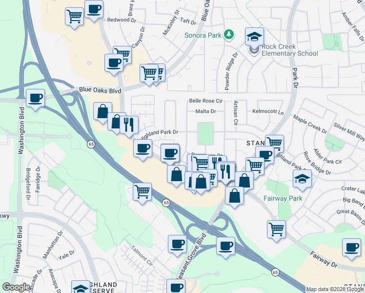 map of restaurants, bars, coffee shops, grocery stores, and more near 1303 Dante Circle in Roseville