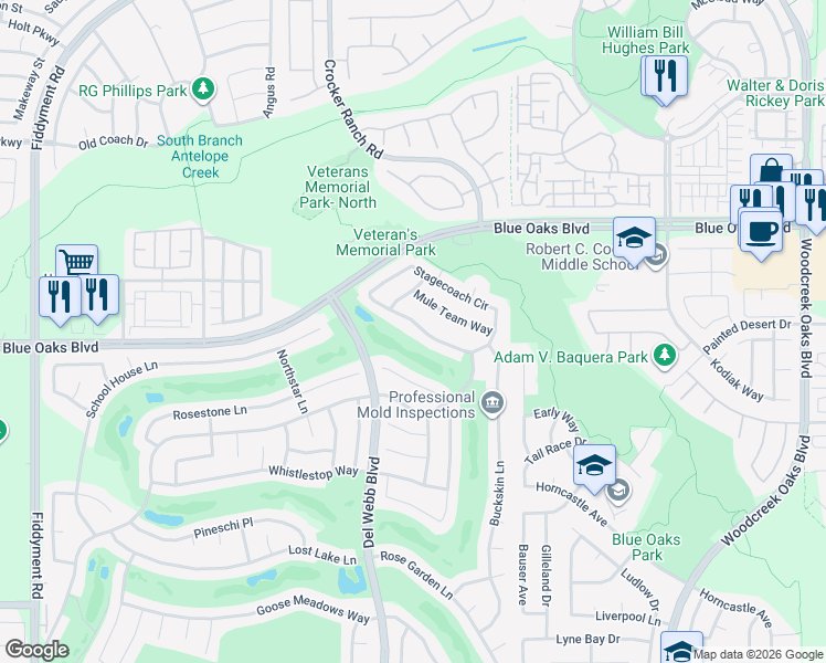 map of restaurants, bars, coffee shops, grocery stores, and more near 7011 Buggy Whip Lane in Roseville