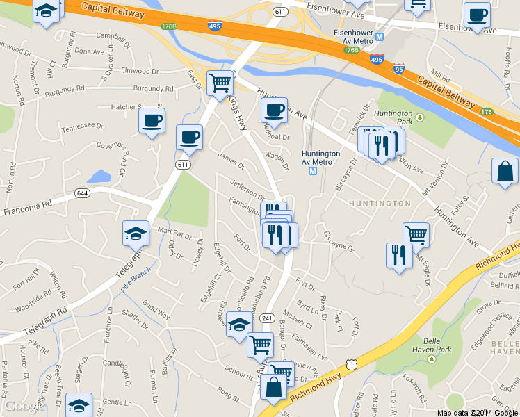 map of restaurants, bars, coffee shops, grocery stores, and more near 2609 Farmington Drive in Alexandria