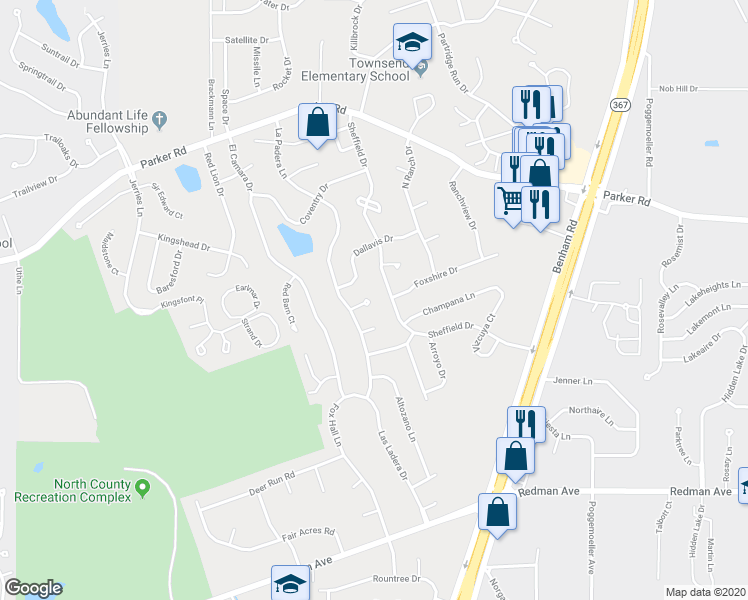 map of restaurants, bars, coffee shops, grocery stores, and more near 11852 La Padera Lane in Florissant