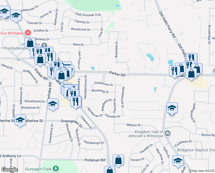 map of restaurants, bars, coffee shops, grocery stores, and more near 4063 Browning Drive in Florissant