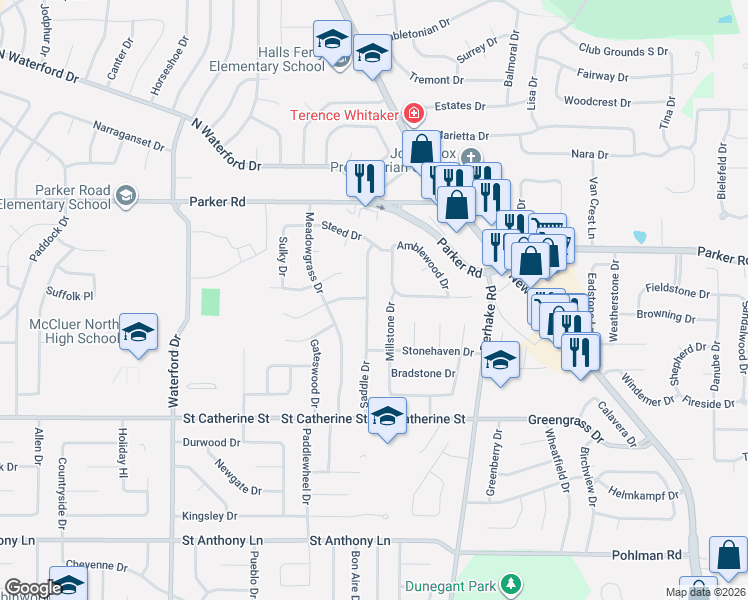 map of restaurants, bars, coffee shops, grocery stores, and more near 755 Millstone Drive in Florissant